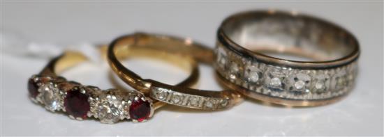 Ruby and diamond five-stone half hoop ring, 18ct gold shank & 2 other rings
